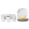 Frühstücksset Palazzo 12tlg. - 6 Teller á 19cm Und 6 Becher á 33cl Aus Weißem Porzellan Mit Dekor-Kreisen In Grau Und Dunkelrot - Für 6 Personen