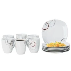Frühstücksset Palazzo 12tlg. - 6 Teller á 19cm Und 6 Becher á 33cl Aus Weißem Porzellan Mit Dekor-Kreisen In Grau Und Dunkelrot - Für 6 Personen