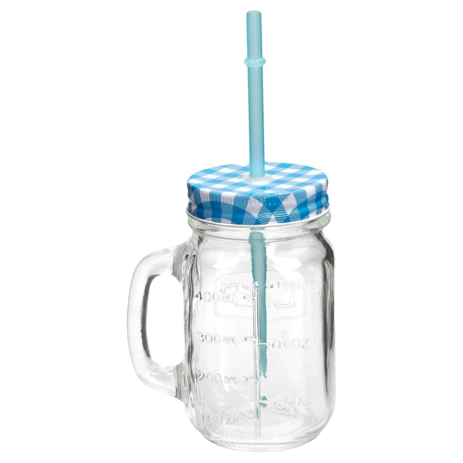 2er Set Glasbecher Mit Henkel, Deckel Und Trinkhalm Inkl. Rezeptheft - Blau Kariert - 0,5 Liter Trinkbecher / Trinkglas Mit Relief - Image 3