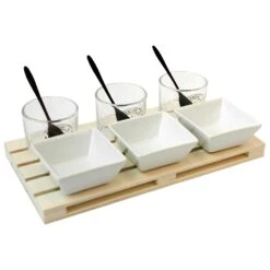 10tlg. Vorspeisen-Set Mit Holztablett, Glasbecher, Keramikschalen Und Löffel