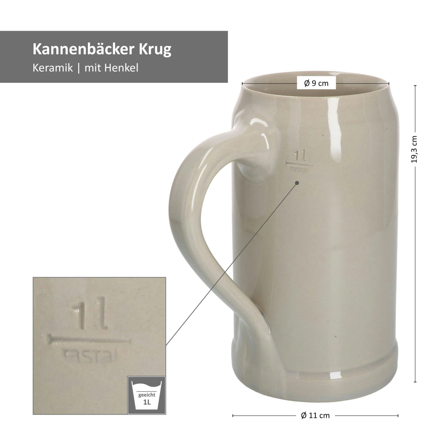 2er Set KannenbÀcker Krug Mit Henkel 1 Liter Geeicht Keramik - Image 6
